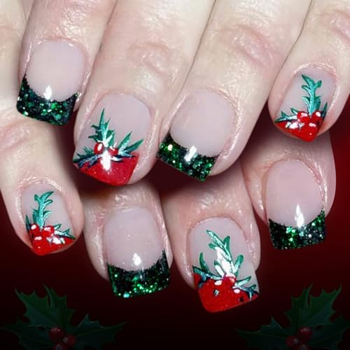 Fake Nails Mit Weihnachten Themen 24 Punkte Abs Bauen Französische Glitzer Grüne Blatt Design Einfach Zu Beantragen Für Frauen Party Nägel Kunst Bauch von DEKKRYNFV
