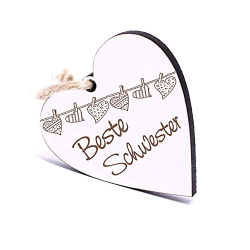 DEKO-LANDO Beste Schwester Herz Schlüsselanhänger Holz Gravur - Geschenk Geschwister Schwesterherz ca. 4 x 4 x 0.5 cm, Weiß von DEKO-LANDO
