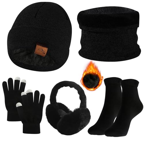 DELAESI Mütze Schal Set Damen Winter Mütze Schal Handschuhe Set Damen Schlauchschal Touchscreen Handschuhe Beanie Strickmütze Dicke Socken Plüsch Ohrenschützer Kombi 5 Stücke von DELAESI