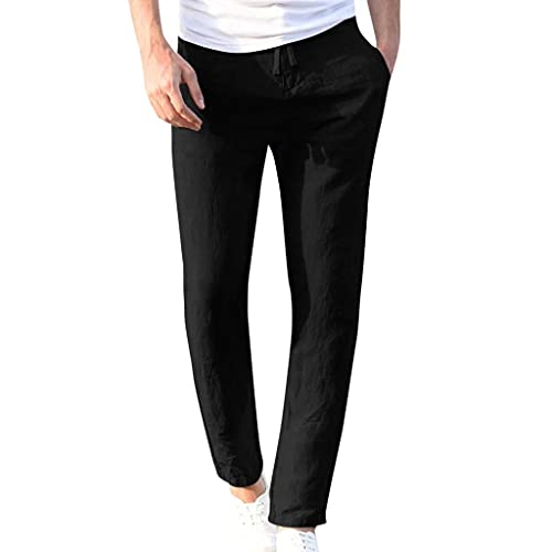 DELAIESI Leinenhose Herren Lang Sommer Yogahose Herren Baumwolle Sommerhose Herren Leicht Stretch Pumphose Herren Jeans Chino Hose Herren Regular Fit Leinenhose Herren Sommer, Schwarz, M von DELAIESI