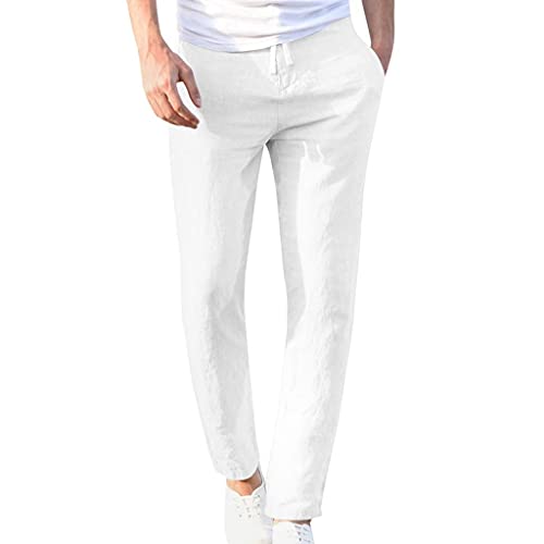 DELAIESI Leinenhose Herren Lang Sommer Yogahose Herren Baumwolle Sommerhose Herren Leicht Stretch Pumphose Herren Jeans Chino Hose Herren Regular Fit Leinenhose Herren Sommer, Weiß, M von DELAIESI