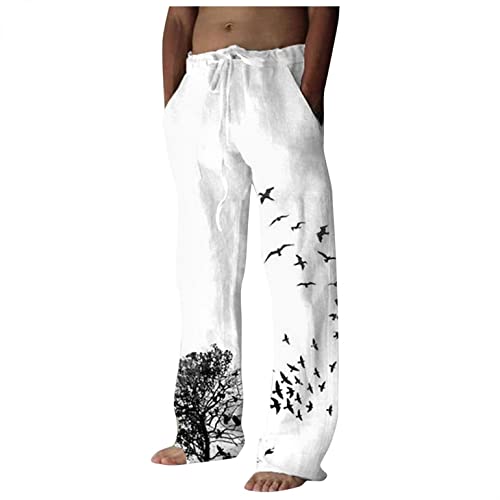 DELAIESI Leinenhose Herren Lang mit Tasche Sommerhose Herren Leicht Chino Hose Herren Kariert Dunkelblau Pyjamahose Herren Lang Freizeithose Herren Cargohose Schlaghose Herren 80Er von DELAIESI