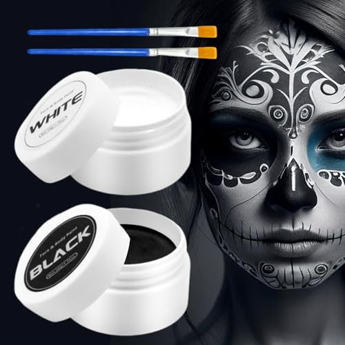 Halloween Schminke Schwarz Weiß 100g Theaterschminke Face Paint Halloween Make Up Set Mit 2 Pinseln Kinderschminke Fasching Bodypainting Farben Für Kinder Erwachsene Karneval Halloween Party von DELAIHUIL