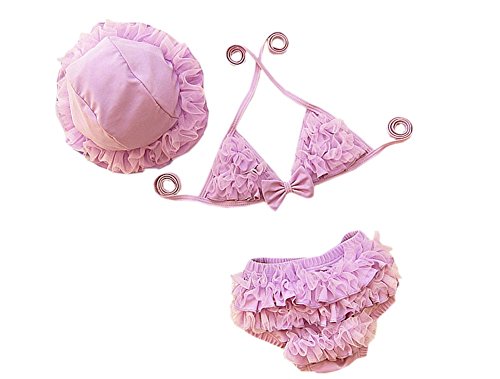 DELEY Baby Kleinen Mädchen Bademode 3pcs Bikini Sets Ruffle Lace Schwimmen Kostüme Badeanzüge Lila 3-4 Jahre von DELEY