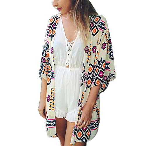 DELEY Chiffon Boho Printed Lose Kimono Cardigan Dekoriert Bikini Cover Up Shirt Größe S von DELEY