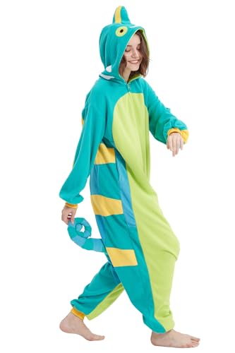 DELEY Erwachsene Tier Chamäleon Strampler, Männer und Frauen Tier Cosplay Kostüm Halloween Pyjamas, Einteilige Unisex Homewear Nachtwäsche von DELEY