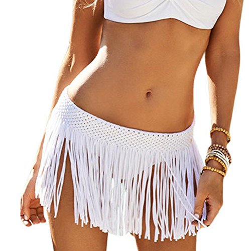 DELEY Frauen Mädchen Häkeln Quaste Kurzen Rock Bademode Badeanzug Bikini Cover UP Beachwear Sommer Weiß Einheitsgröße von DELEY