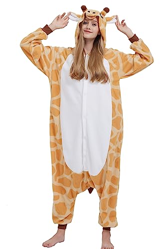 DELEY Giraffe Pyjama Strampler Tierkostüm Erwachsene Kostüme Damen Einteiliger Herren Overall Halloween Karneval Overall Kapuzenpyjama von DELEY