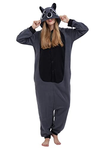 DELEY Grauer Waschbär Pyjama Strampler Tierkostüm Erwachsene Kostüme Damen Einteiliger Herren Overall Halloween Karneval Overall Kapuzenpyjama von DELEY