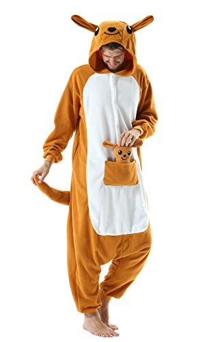 DELEY Känguru Pyjama Strampler Tierkostüm Erwachsene Kostüme Damen Einteiliger Herren Overall Halloween Karneval Overall Kapuzenpyjama von DELEY