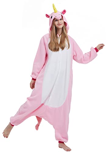 DELEY Pyjamas Onesie Einhorn Tierkostüm Erwachsene Kostüme Damen Einteiler Herren Jumpsuit Halloween Karneval Overall Kapuze Schlafanzug von DELEY
