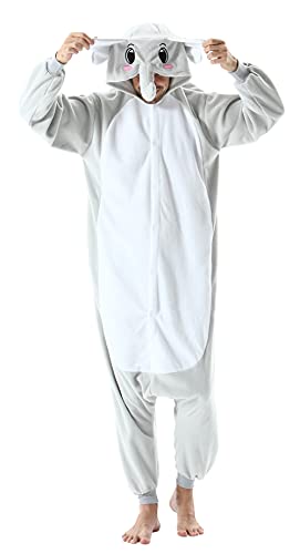 DELEY Pyjamas Onesie Elefant Tierkostüm Erwachsene Kostüme Damen Einteiler Herren Jumpsuit Halloween Karneval Overall Kapuze Schlafanzug von DELEY