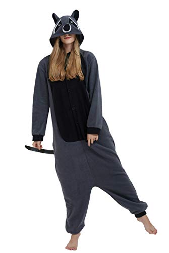 DELEY Pyjamas Onesie Grauer Waschbär Tierkostüm Erwachsene Kostüme Damen Einteiler Herren Jumpsuit Halloween Karneval Overall Kapuze Schlafanzug von DELEY