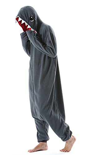 DELEY Pyjamas Onesie Hai Tierkostüm Erwachsene Kostüme Damen Einteiler Herren Jumpsuit Halloween Karneval Overall Kapuze Schlafanzug von DELEY