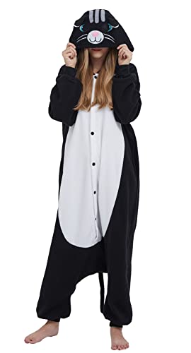 DELEY Pyjamas Onesie Katze Tierkostüm Erwachsene Kostüme Damen Einteiler Herren Jumpsuit Halloween Karneval Overall Kapuze Schlafanzug von DELEY