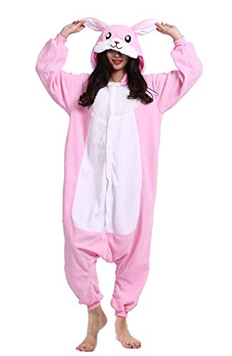 DELEY Pyjamas Onesie Rosa Kaninchen Tierkostüm Erwachsene Kostüme Damen Einteiler Herren Jumpsuit Halloween Karneval Overall Kapuze Schlafanzug von DELEY