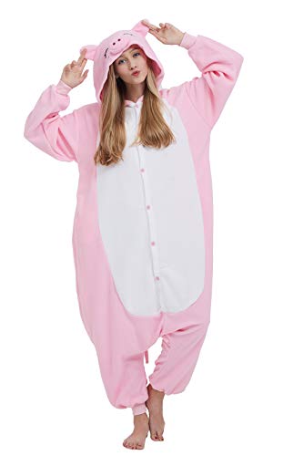 DELEY Pyjamas Onesie Schwein Tierkostüm Erwachsene Kostüme Damen Einteiler Herren Jumpsuit Halloween Karneval Overall Kapuze Schlafanzug von DELEY