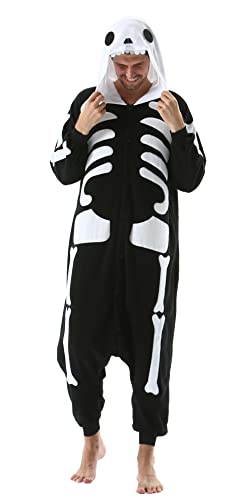 DELEY Pyjamas Onesie Skelett Tierkostüm Erwachsene Kostüme Damen Einteiler Herren Jumpsuit Halloween Karneval Overall Kapuze Schlafanzug von DELEY