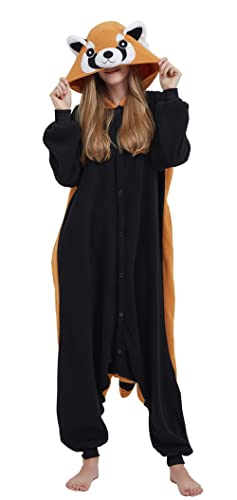 DELEY Pyjamas Onesie Waschbär Tierkostüm Erwachsene Kostüme Damen Einteiler Herren Jumpsuit Halloween Karneval Overall Kapuze Schlafanzug von DELEY