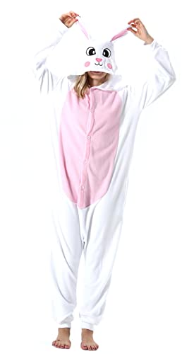 DELEY Pyjamas Onesie Weißes Kaninchen Tierkostüm Erwachsene Kostüme Damen Einteiler Herren Jumpsuit Halloween Karneval Overall Kapuze Schlafanzug von DELEY