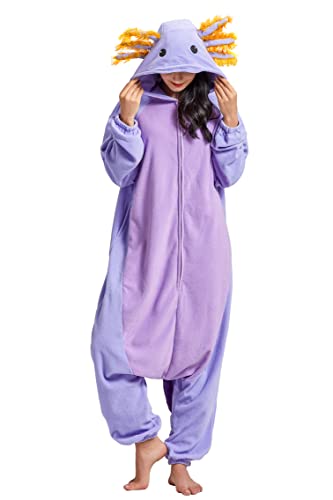 DELEY Unisex Axolotl Strampelanzug Kostüm Erwachsene Tier Pyjamas Cosplay Plüsch Homewear Nachtwäsche Overall Lavendel Axolotl von DELEY