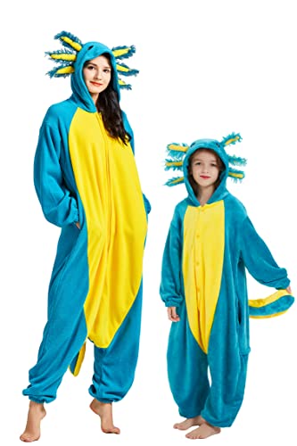 DELEY Unisex Blau Axolotl Strampler Erwachsene Pyjamas, Flanell Tier Einteiliges Kostüm Nachtwäsche Halloween Cosplay Homewear von DELEY