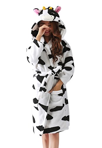 DELEY Unisex Ehepaar Damen Tier Karikatur Coral Fleece Warm Kapuze Bademäntel Morgenmäntel Nachtwäsche Cosplay Kostüm Pyjama Kuh Größe M von DELEY