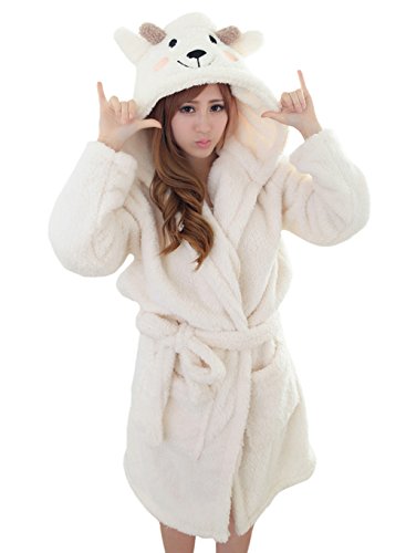 DELEY Unisex Ehepaar Damen Tier Karikatur Coral Fleece Warm Kapuze Bademäntel Morgenmäntel Nachtwäsche Cosplay Kostüm Pyjama Schafe Größe L von DELEY