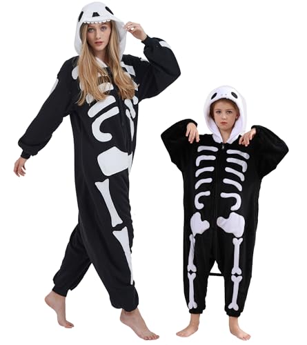 DELEY Unisex Einteiler Tier Erwachsener Skelett Strampler, Tierpyjamas Halloween Cosplay Kostüm für Damen und Herren Eltern-Kind Nachtwäsche von DELEY