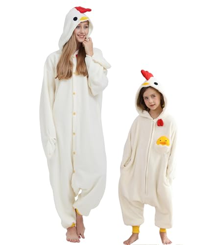 DELEY Unisex Einteiler Tier Kinder Weißes Huhn Strampler, Tier Pyjamas Halloween Cosplay Kostüm für Damen und Herren Eltern-Kind Nachtwäsche von DELEY