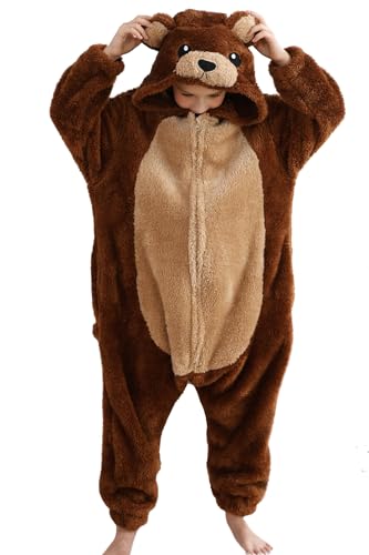 DELEY Unisex Einteiler Tierkinder Braunbär Strampler, Tierpyjamas Halloween Cosplay Kostüm für Damen und Herren Eltern-Kind Nachtwäsche von DELEY