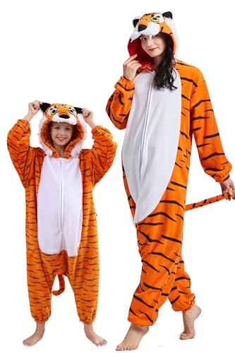 DELEY Unisex Einteiler Tierkinder Tiger Strampler, Tierpyjamas Halloween Cosplay Kostüm für Damen und Herren Eltern-Kind Nachtwäsche von DELEY