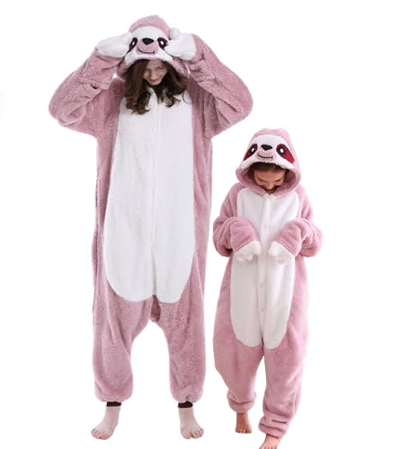 DELEY Unisex Einteiliger Tier Erwachsener Rosa Faultier Strampler, Tierpyjamas Halloween Cosplay Kostüm für Damen und Herren Eltern-Kind Nachtwäsche von DELEY