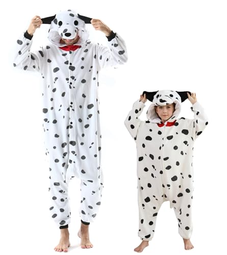 DELEY Unisex Einteiliger Tierkinder Dalmatiner Strampler, Tierpyjamas Halloween Cosplay Kostüm für Damen und Herren Eltern-Kind Nachtwäsche von DELEY