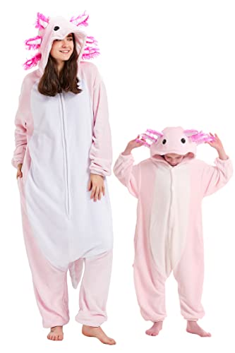 DELEY Unisex Rosa Axolotl Strampelanzug Kinderpyjamas, Flanell Tier Einteiliges Kostüm Nachtwäsche Halloween Cosplay Homewear von DELEY