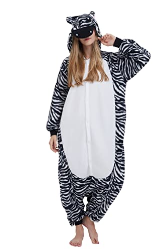 DELEY Zebra Pyjamas Strampler Tierkostüm Erwachsene Kostüme Damen Einteiliger Herren Overall Halloween Karneval Overall Kapuzenpyjama von DELEY