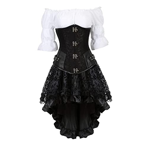 DELIGUO Korsagen Bustiers Für Damen - Gothic Korsett Kleid Stickerei Floral Unterbrustkorsett Top, Körperformende Bluse Spitzenrock Set Dreiteiliges Piratenkostüm,Schwarz,M von DELIGUO