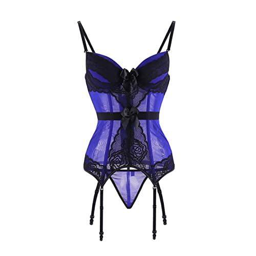 DELIGUO Korsagen Bustiers Für Damen - Sexy Dessous Korsetts Transparente Schleife Spitze Mesh Korsett Top Unterwäsche Schlanke Taille Bustier Push Up Body Shaping Mieder,Blau,S von DELIGUO