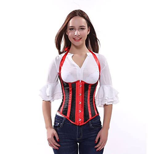 DELIGUO Korsagen Bustiers Für Damen - Sexy Halfter Gestreifte Unterbrustkorsettweste, Bauchkontrolle Workout Abnehmen Body Shaper Lace Up Bustier Dessous Top,Rot,6Xl von DELIGUO