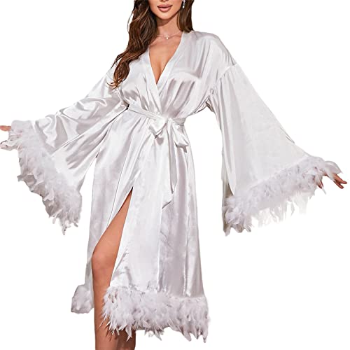 DELIMALI Damen Bademantel Nachtwäsche Feder Fell Braut Robe Satin Dessous Nachthemd Hochzeit Party Braut Morgenmantel mit Gürtel, A-weiß, Einheitsgröße DELIMALI Damen Bademantel Nachtwäsche Feder Fell Braut Robe Satin Dessous Nachthemd Hochzeit Party Braut Morgenmantel mit Gürtel, A-weiß, Einheitsgröße von DELIMALI