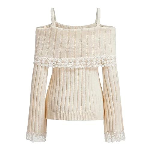 DELIMALI Damen Cold Shoulder Pullover Langarm Kontrast Spitze Strickpullover Schleife vorne Pullover Tops Pullover, A-weiß, S von DELIMALI