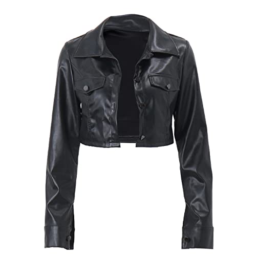 DELIMALI Damen Kunstleder Crop Jacke Button Down Pocket Cropped Motorrad Bikerjacke Leichter Blazer, A-schwarz, 42 von DELIMALI