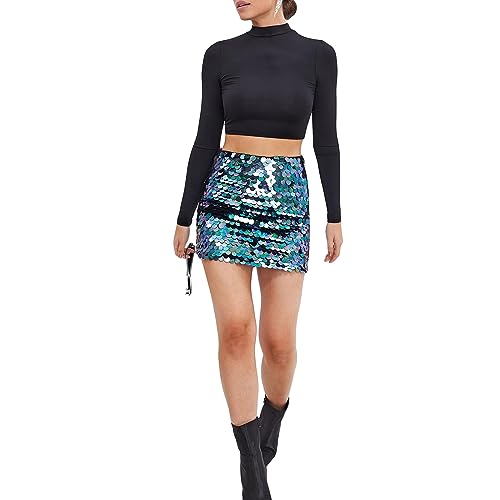 DELIMALI Damen Paillettenrock Hohe Taille Glitzer Sparkly Rock Funkeln Bodycon Pailletten Minirock für Party Party, A-dark purple, 36 von DELIMALI