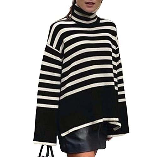 DELIMALI Damen Rollkragen Oversized Sweater Batwing Langarm Side Split Pullover Lose Grobstrick Tops Streetwear, Streifen schwarz, XL von DELIMALI