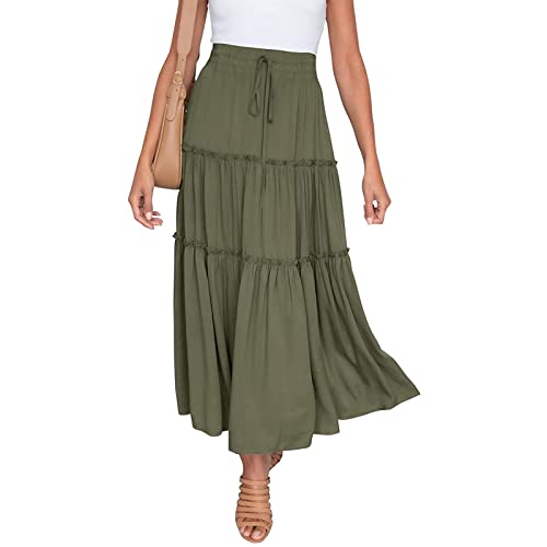 DELIMALI Damen Sommer Bohomian Elastische Hohe Taille Boho Maxi Rock Casual Kordelzug 3 Ebenen Rüschen A Linie Lange Röcke, A-grün, 40 von DELIMALI