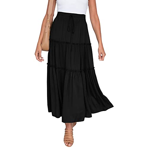 DELIMALI Damen Sommer Bohomian Elastische Hohe Taille Boho Maxi Rock Casual Kordelzug 3 Ebenen Rüschen A Linie Lange Röcke, A-schwarz, 48 von DELIMALI
