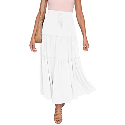 DELIMALI Damen Sommer Bohomian Elastische Hohe Taille Boho Maxi Rock Casual Kordelzug 3 Ebenen Rüschen A Linie Lange Röcke, A-weiß, 44 von DELIMALI