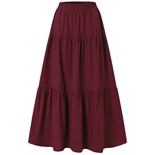 DELIMALI Damen Sommer Bohomian Elastische Hohe Taille Boho Maxi Rock Casual Kordelzug 3 Stufig Rüschen A Linie Lange Röcke, H-Weinrot, 44 von DELIMALI