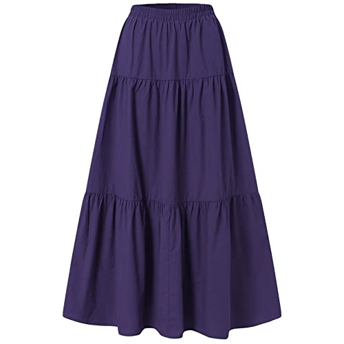 DELIMALI Damen Sommer Bohomian Elastische Hohe Taille Boho Maxi Rock Casual Kordelzug 3 Stufig Rüschen A Linie Lange Röcke, H-lila, 52 von DELIMALI