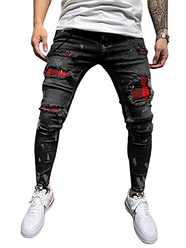 DELIMALI Herren Klassische Ripped Jeans Elastische Taille Stretch Skinny Distressed Denim Hose Hip Hop Pants Streetwear Gr. 27-32, Schwarz von DELIMALI